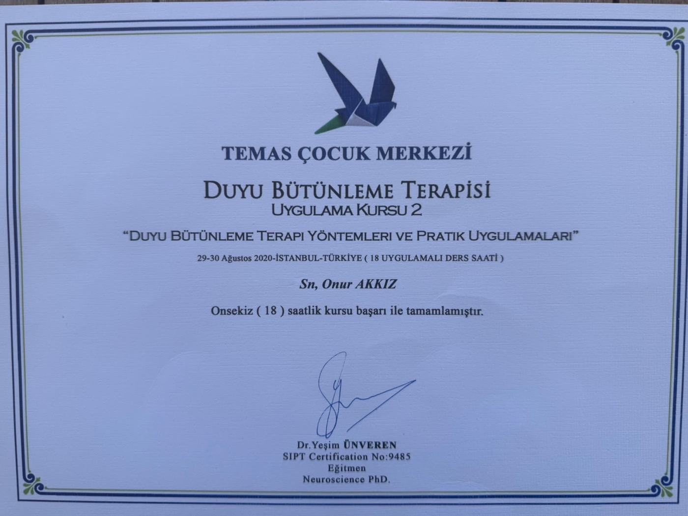 Fzt. Onur Akkız sertifika belgesi 2